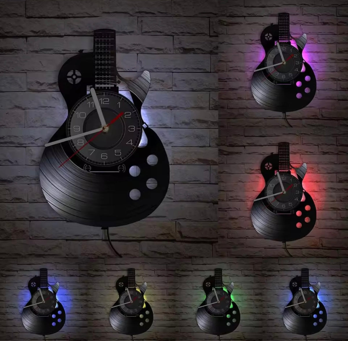 This Guitare LED Vinyl Record Clock brings a polished clock design and decorative character to the wall.