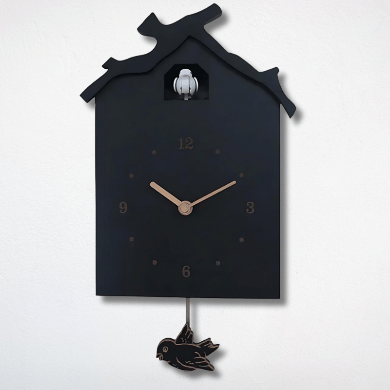 This Cuckoo Modern Clock brings a polished clock design and decorative character to the wall.