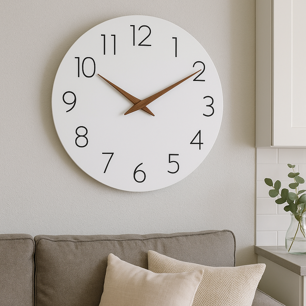 This White and Wood Clock adds a tailored balance of function and visual interest to home decor.