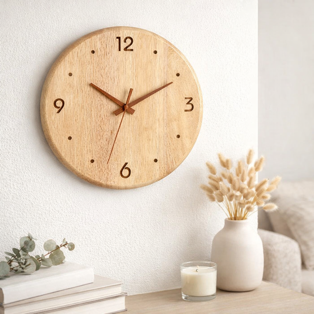 This Wood Naturel Clock adds a tailored balance of function and visual interest to home decor.