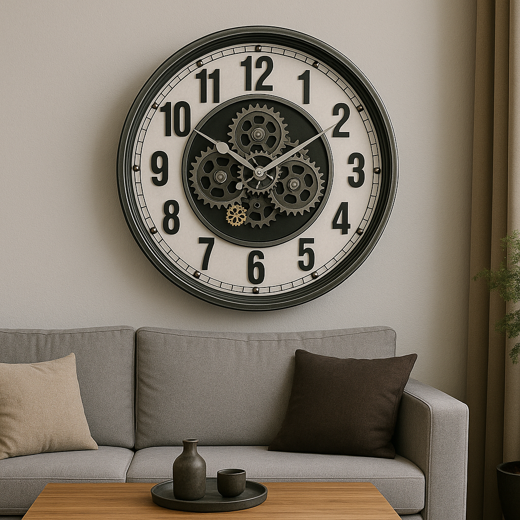 A Gears in Metal Clock that brings a distinctive finishing touch to a stylish interior.