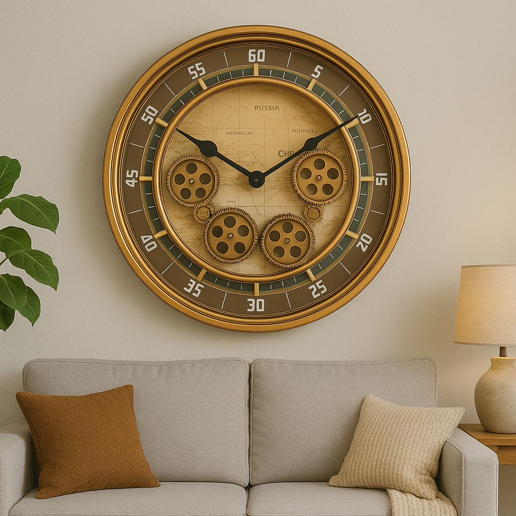 The Gears Steampunk Clock, a statement clock that lends personality to a carefully styled interior.