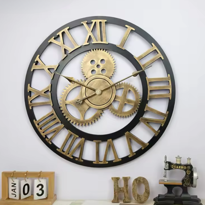 An elegant Industrial Clock designed to give a room a memorable decorative detail.