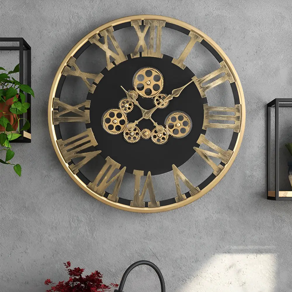 An elegant Wall Clock with Moving Gear designed to give a room a memorable decorative detail.