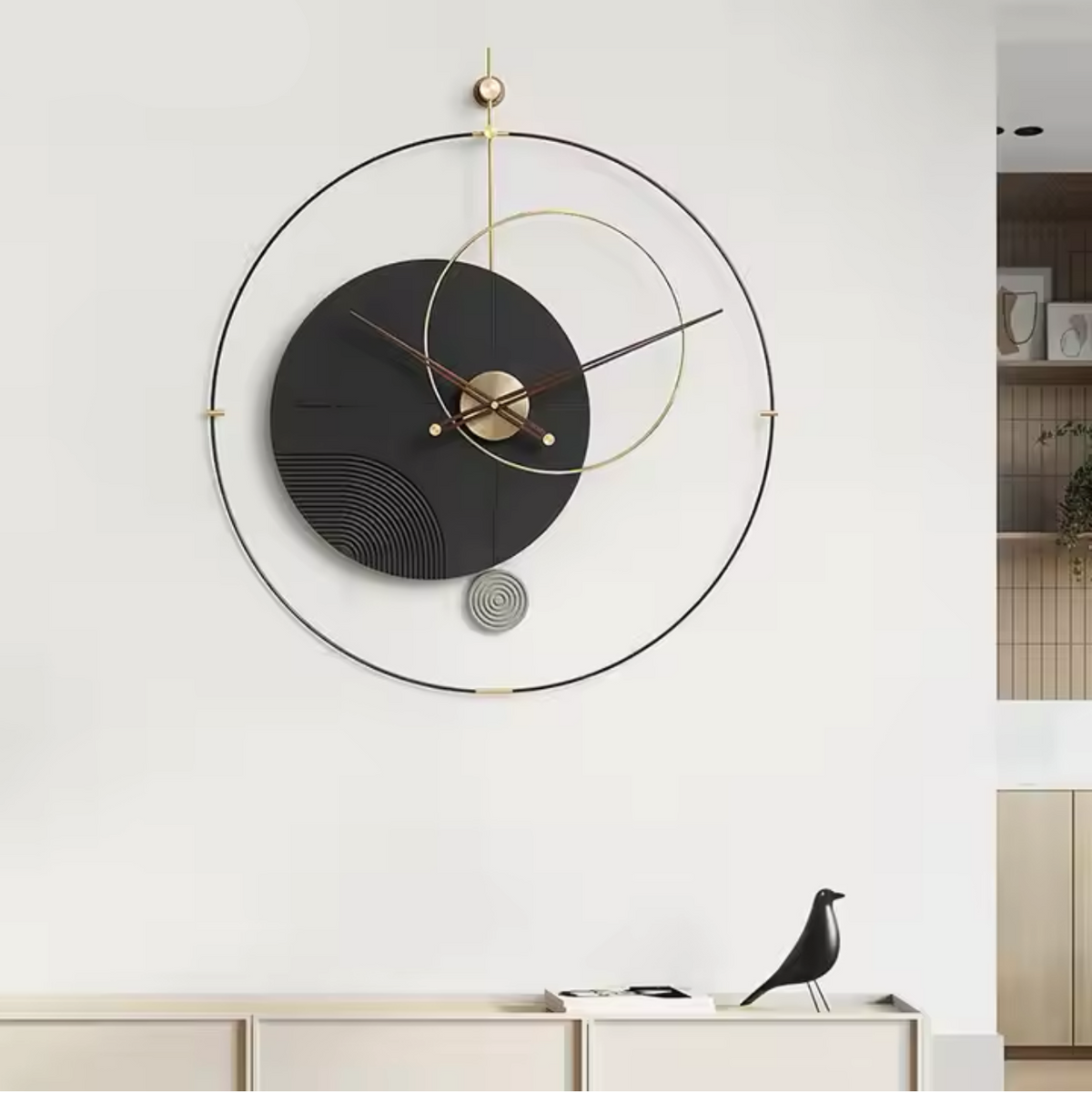 The Designer for Living Room Wall Clock shown as a refined decorative accent for a modern living space.