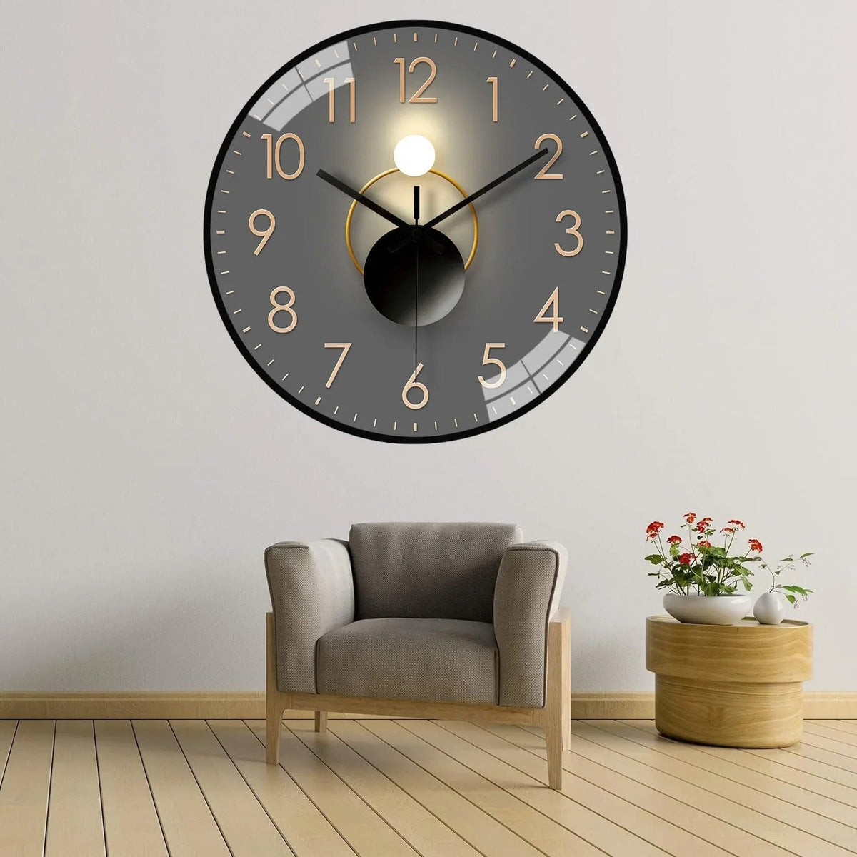 A closer view of the Designer Silent Wall Clock, created to become a striking focal point in any room.