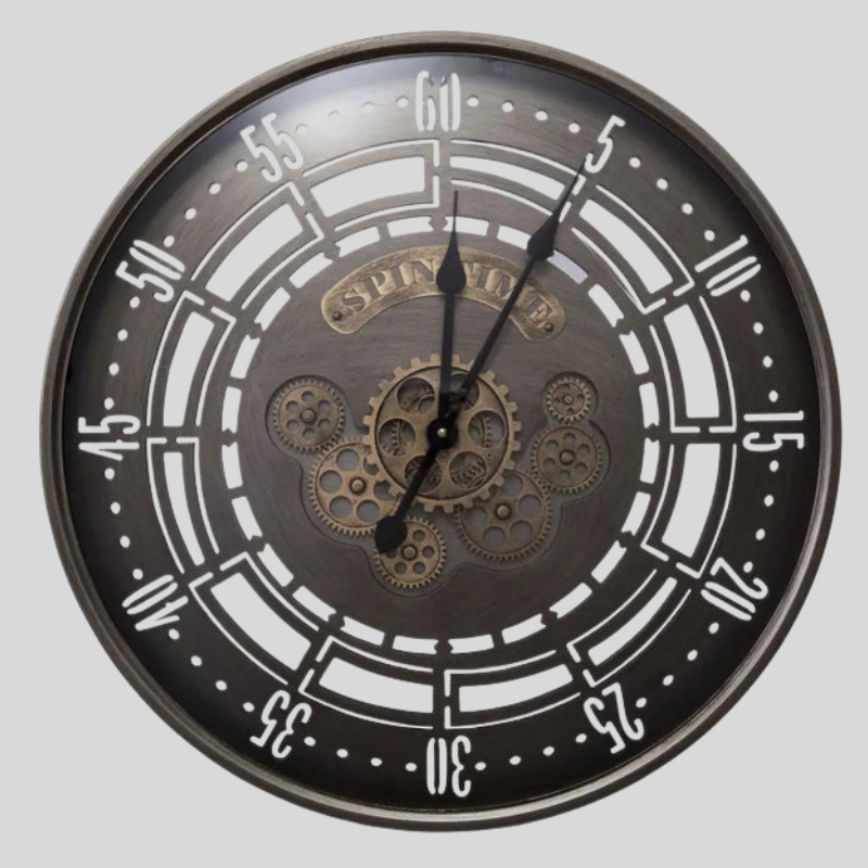 An elegant Industrial with Moving Gear Wall Clock designed to give a room a memorable decorative detail.