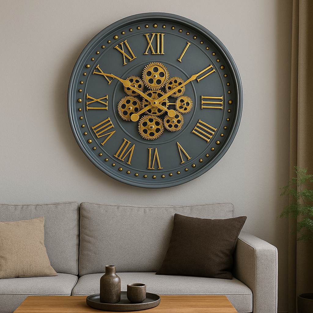 The Industrial Gears Tournant Clock, a statement clock that lends personality to a carefully styled interior.