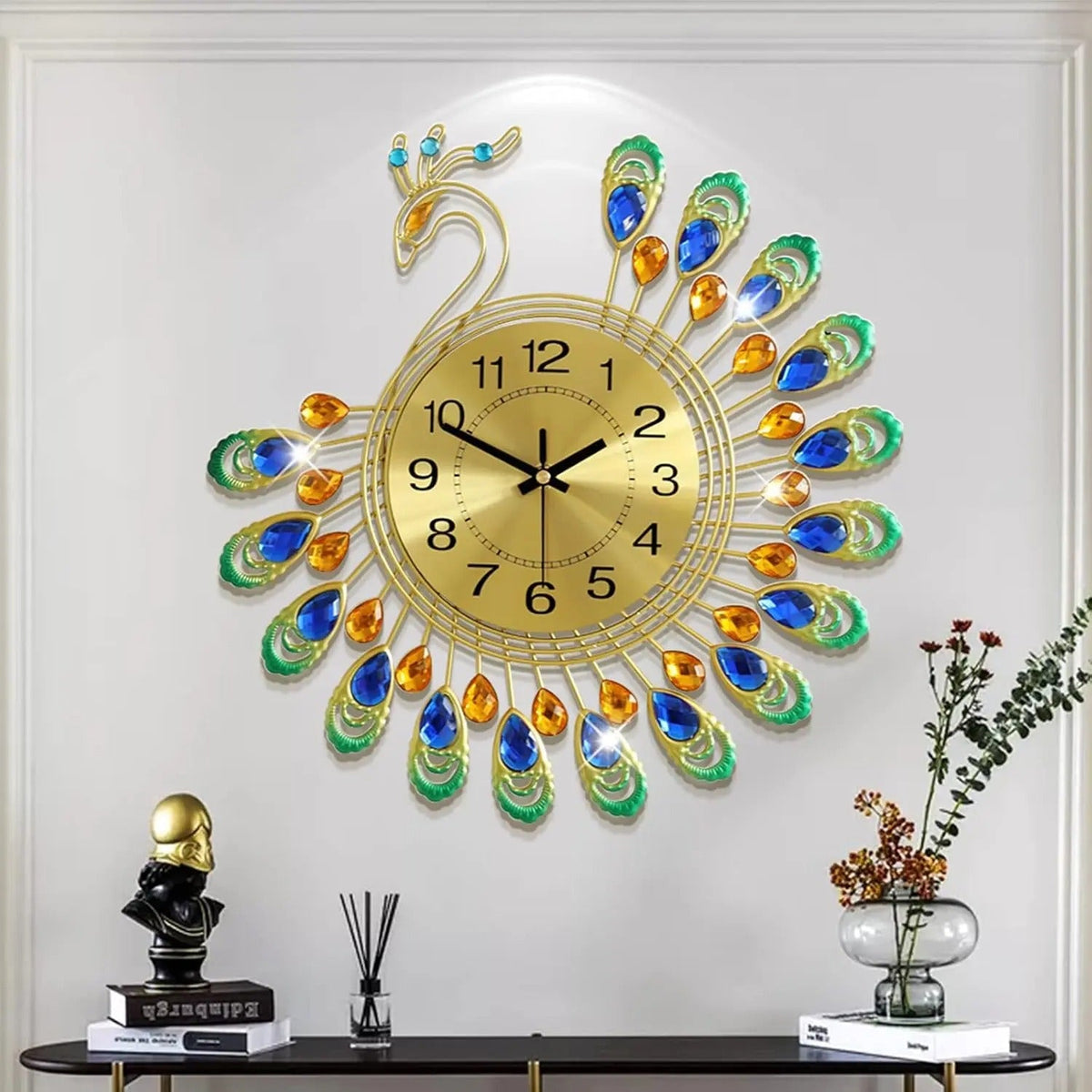 A Peacock Designer Wall Clock that brings a distinctive finishing touch to a stylish interior.