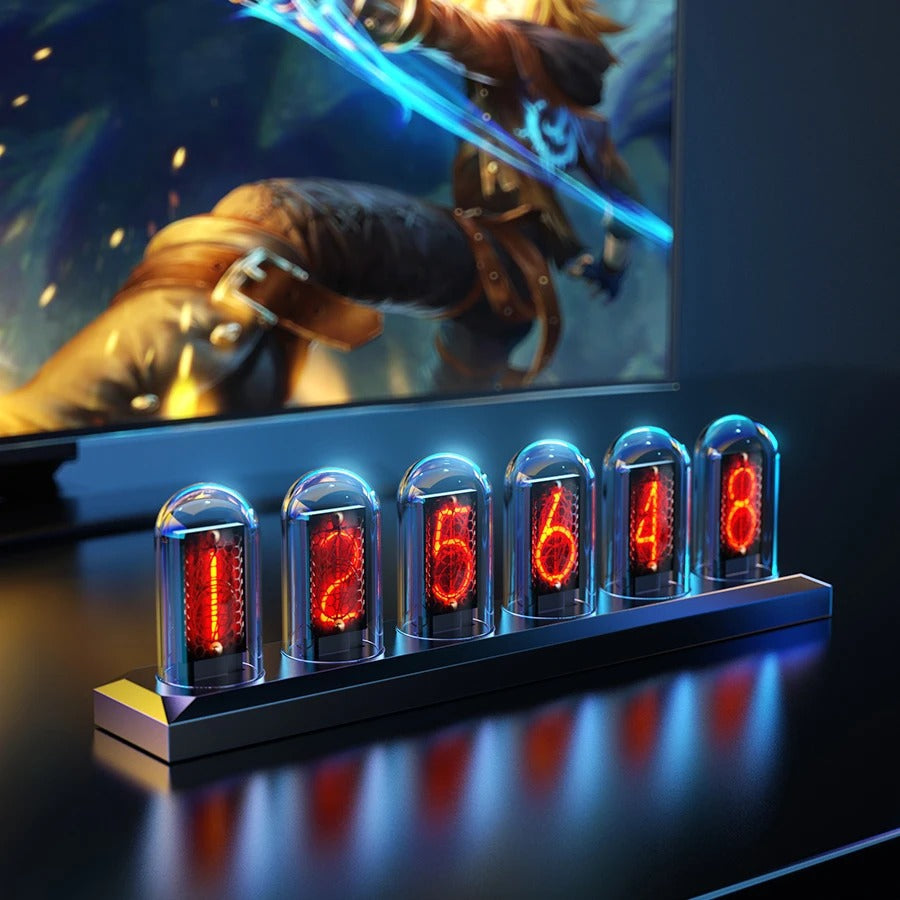 The Nixie Clock shown as a refined decorative accent for a modern living space.
