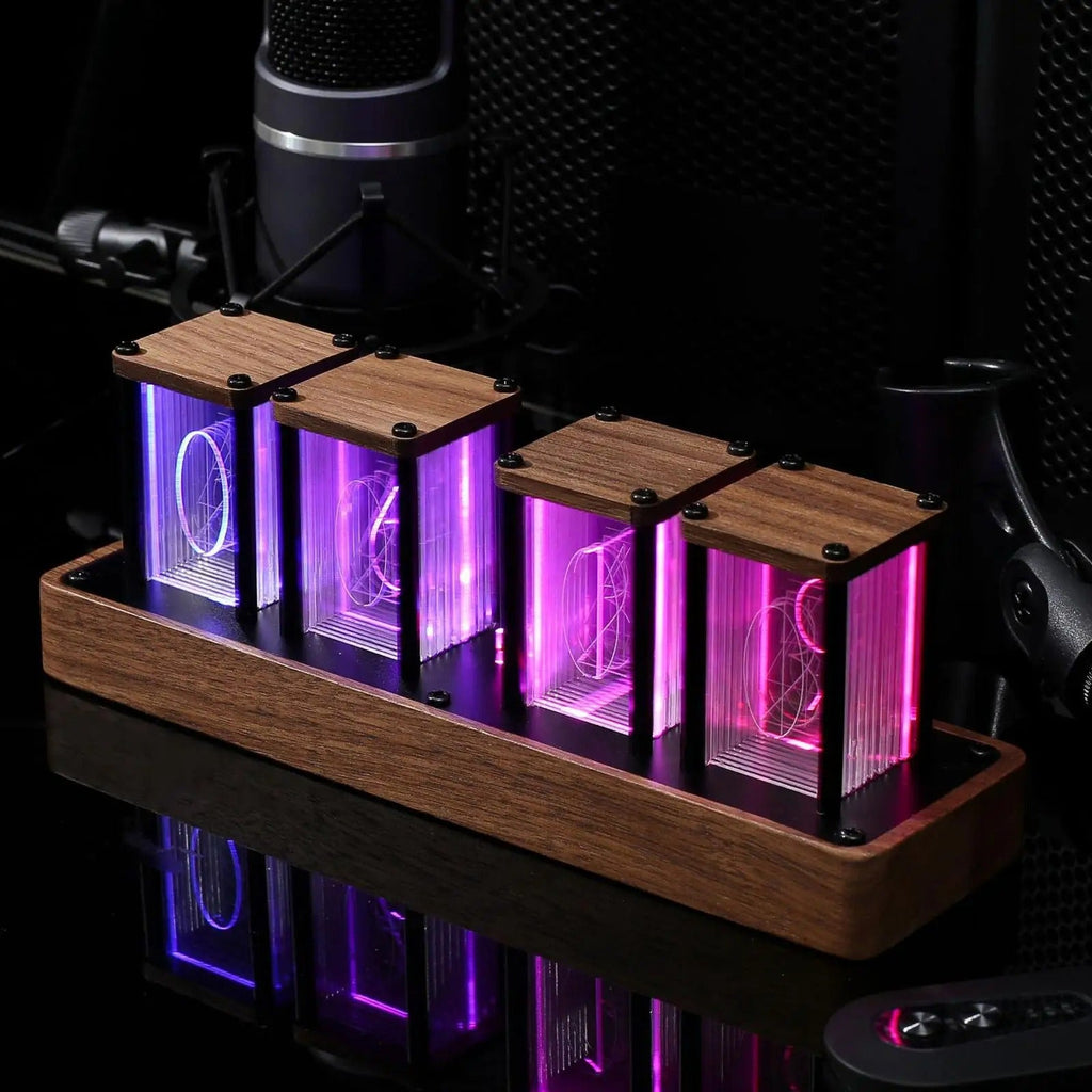 The Nixie Tube Clock shown as a refined decorative accent for a modern living space.