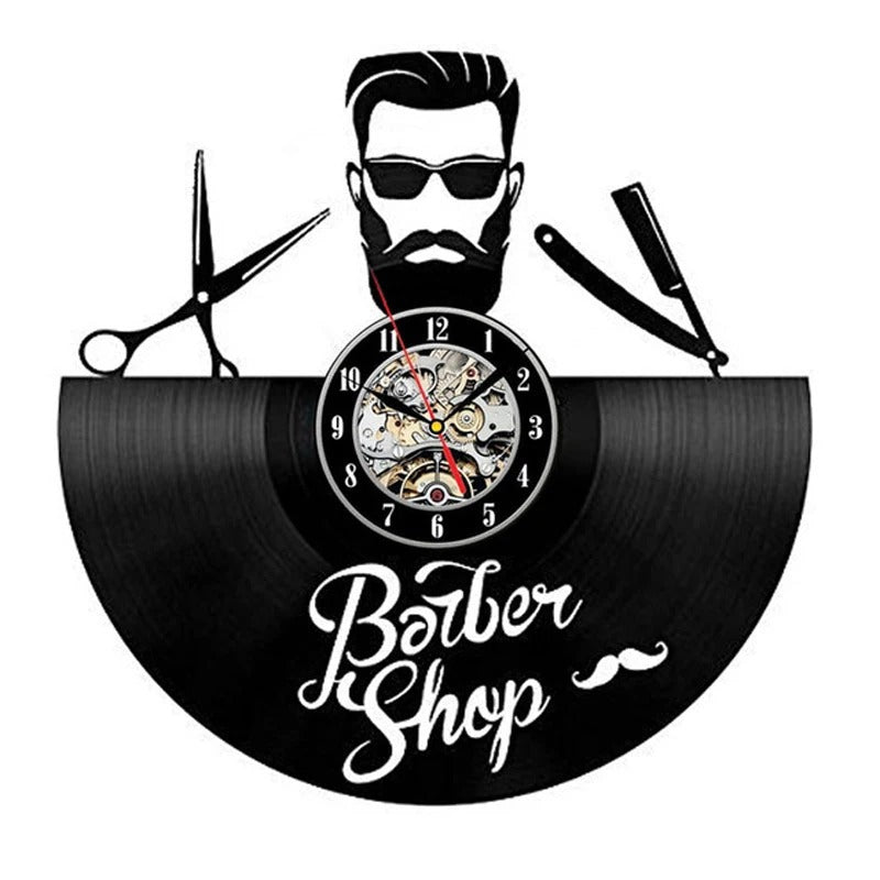 An elegant Barber Vinyl Record Clock designed to give a room a memorable decorative detail.