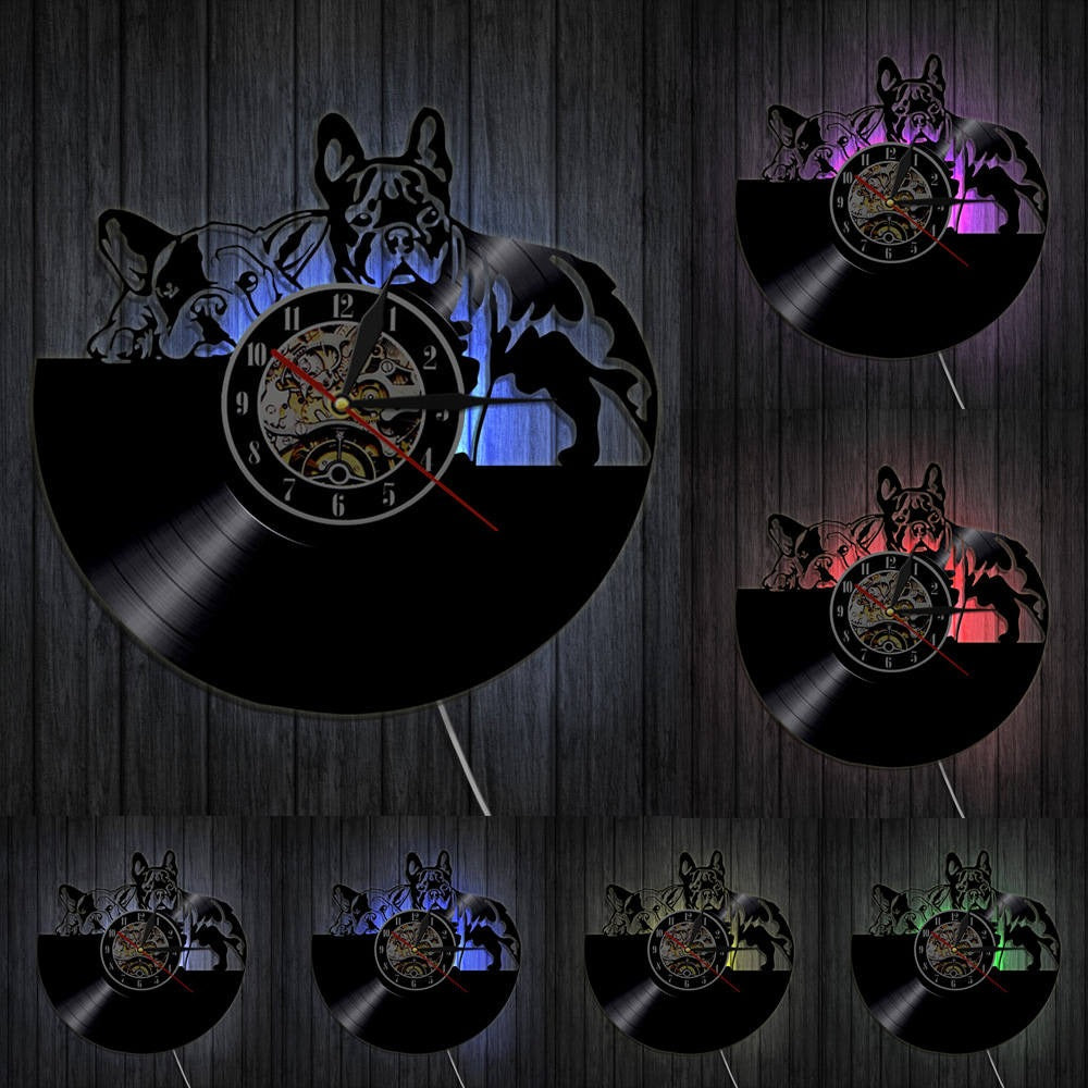 A Bulldog LED Vinyl Record Clock with a distinctive presence, made to enhance a curated interior.