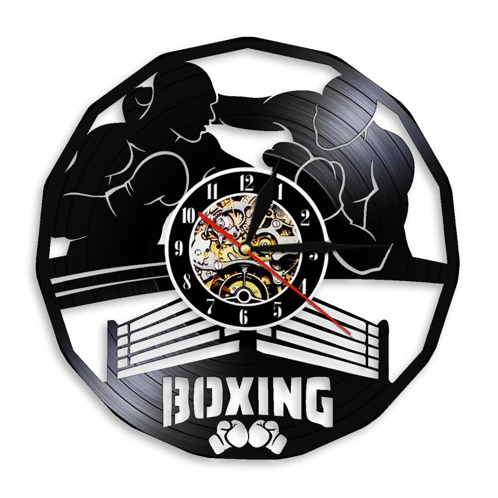 A Boxing Vinyl Record Clock that brings a distinctive finishing touch to a stylish interior.