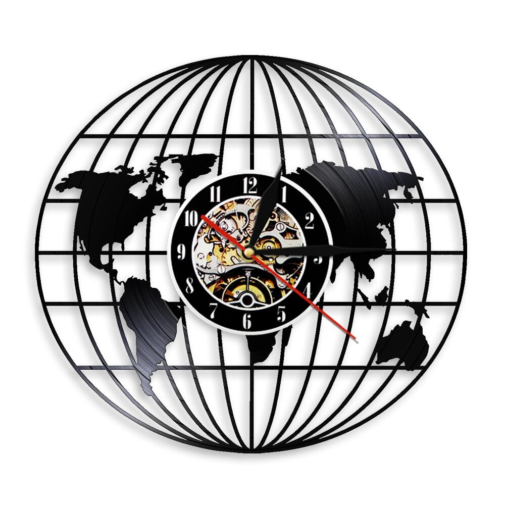 A closer view of the Carte of the Monde Vinyl Record Clock, created to become a striking focal point in any room.