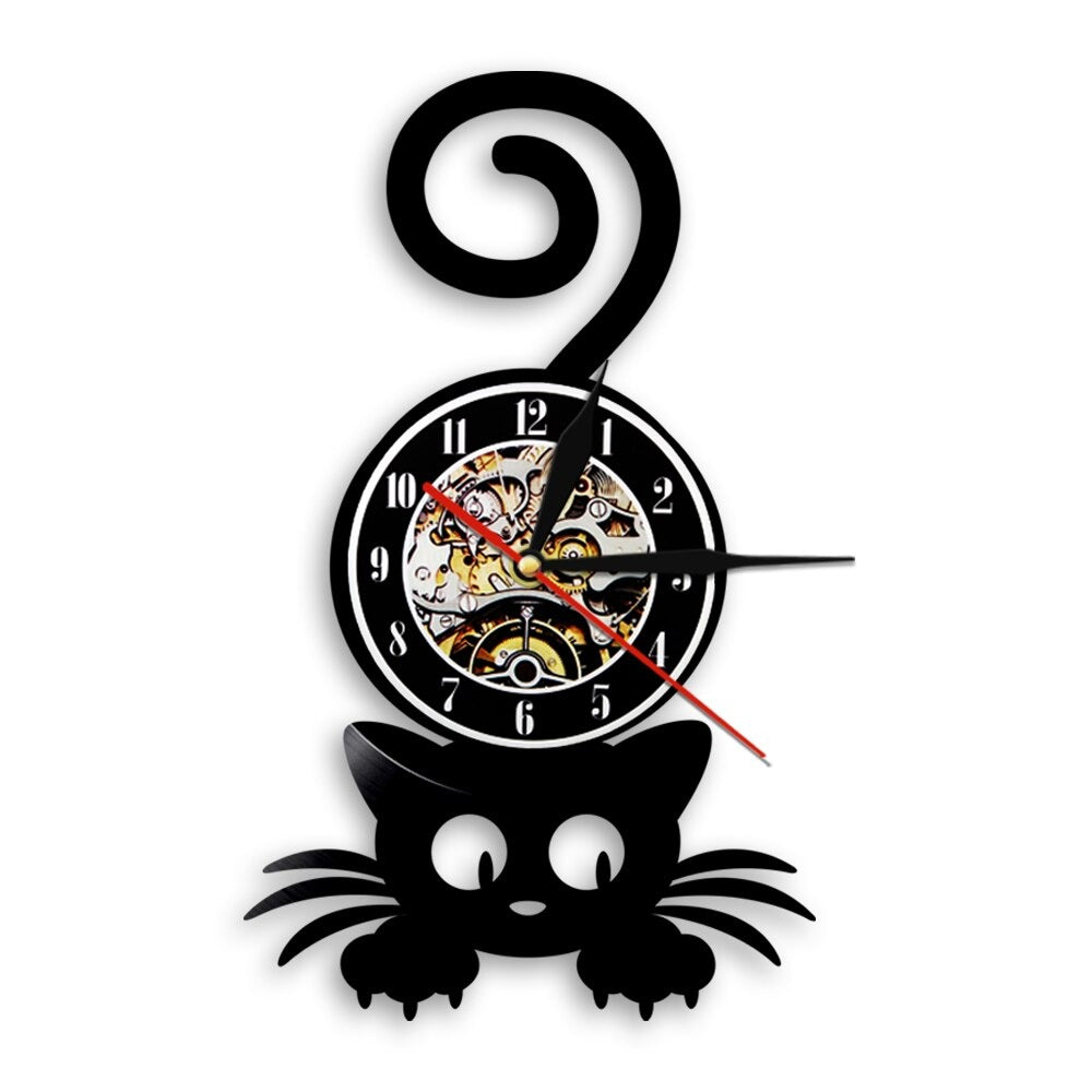 This Cat Black Vinyl Record Clock brings a polished clock design and decorative character to the wall.