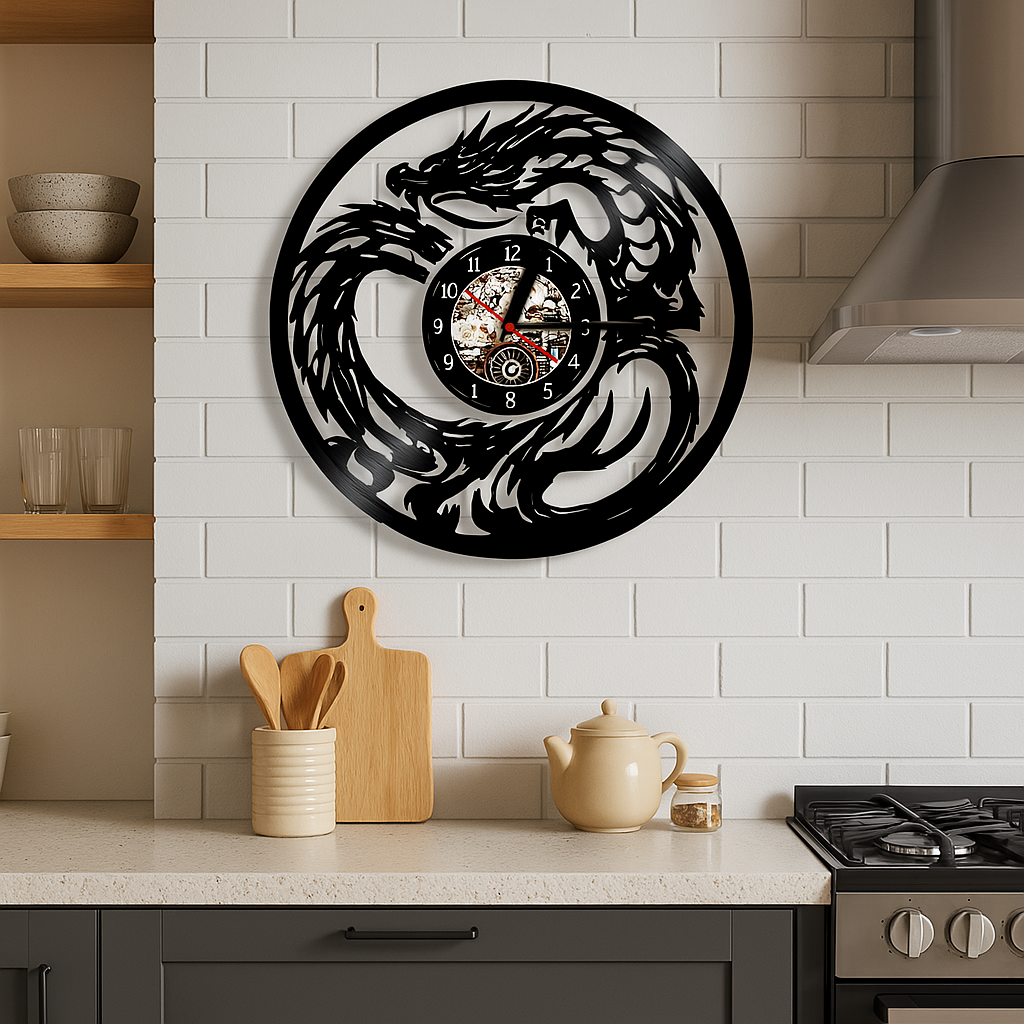 A Dragon Japanese Vinyl Record Clock with a distinctive presence, made to enhance a curated interior.
