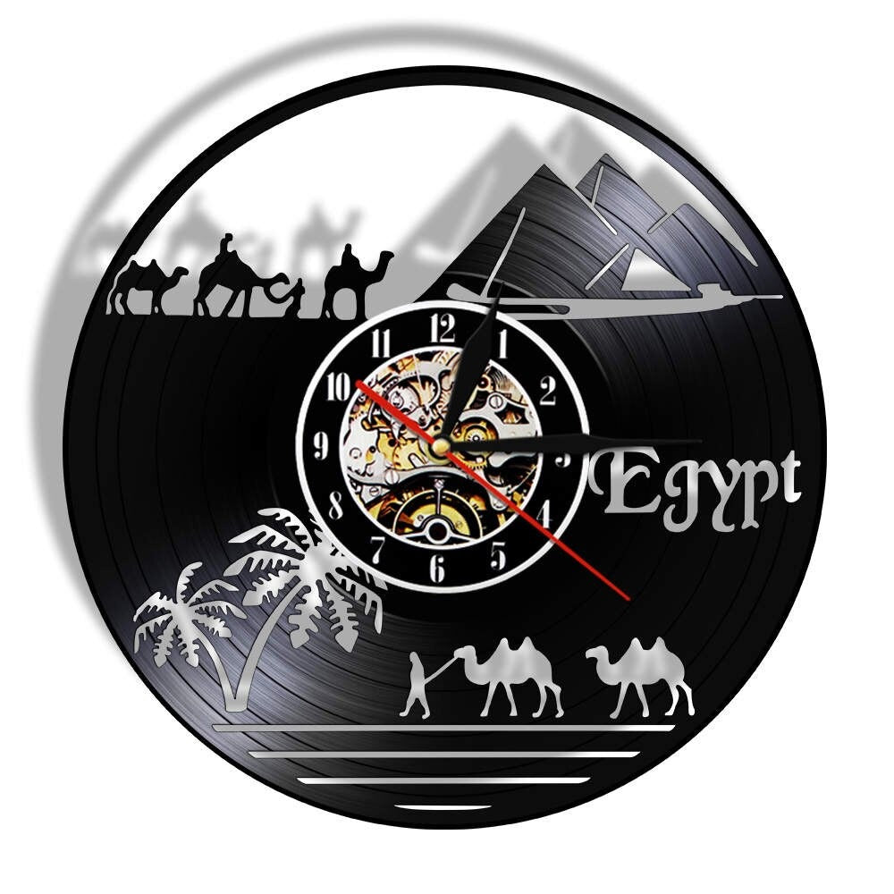 An elegant Egypt Vinyl Record Clock designed to give a room a memorable decorative detail.