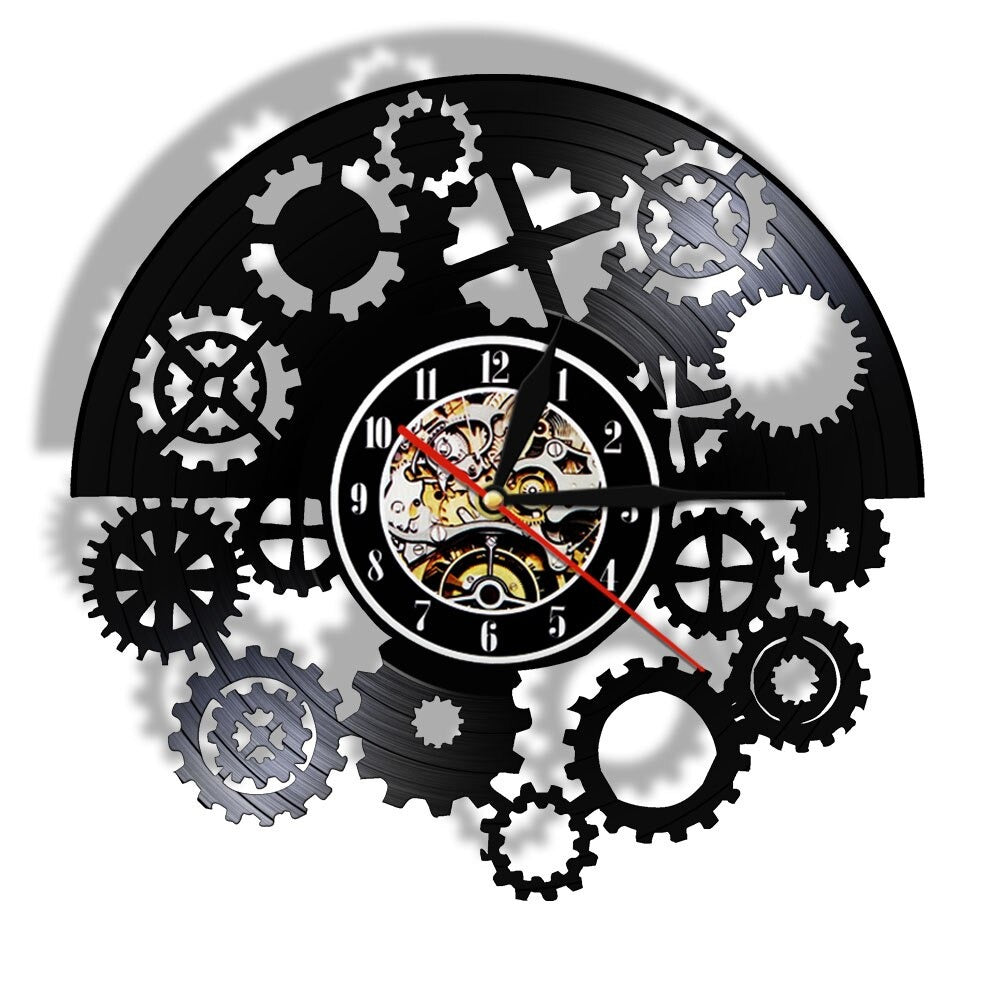 A Gears Vinyl Record Clock that brings a distinctive finishing touch to a stylish interior.