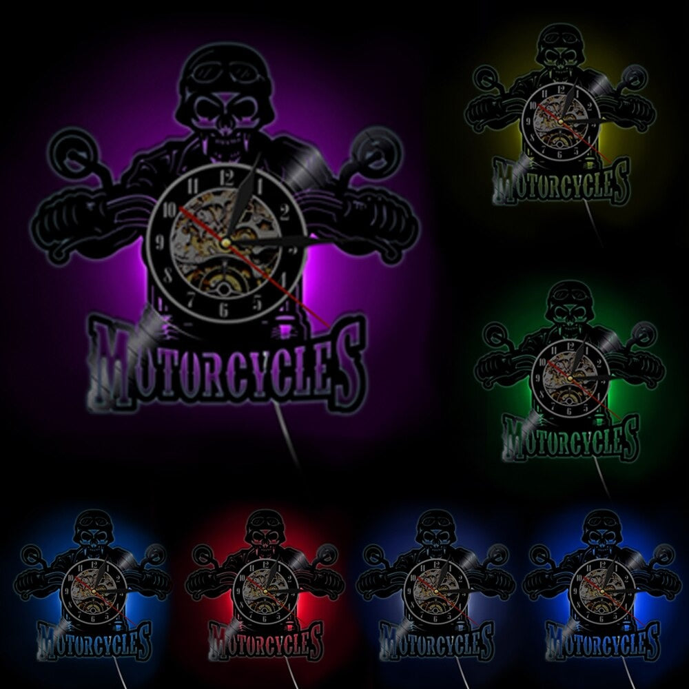 The Biker Skull LED Vinyl Record Clock, presented as a decorative timepiece for a thoughtfully designed home.