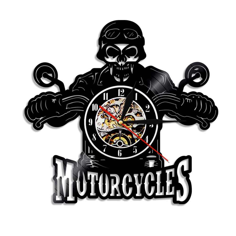 The Biker Skull Vinyl Record Clock, presented as a decorative timepiece for a thoughtfully designed home.