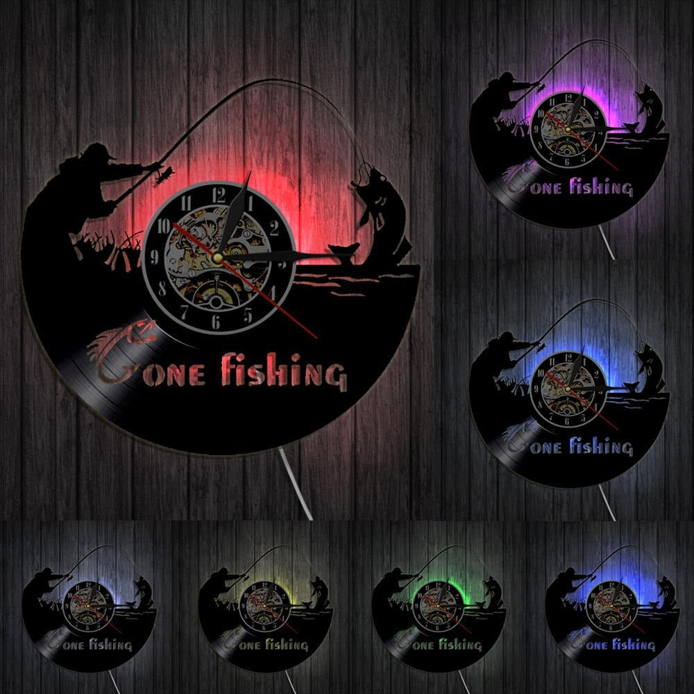 A closer view of the Fishing LED Vinyl Record Clock, created to become a striking focal point in any room.