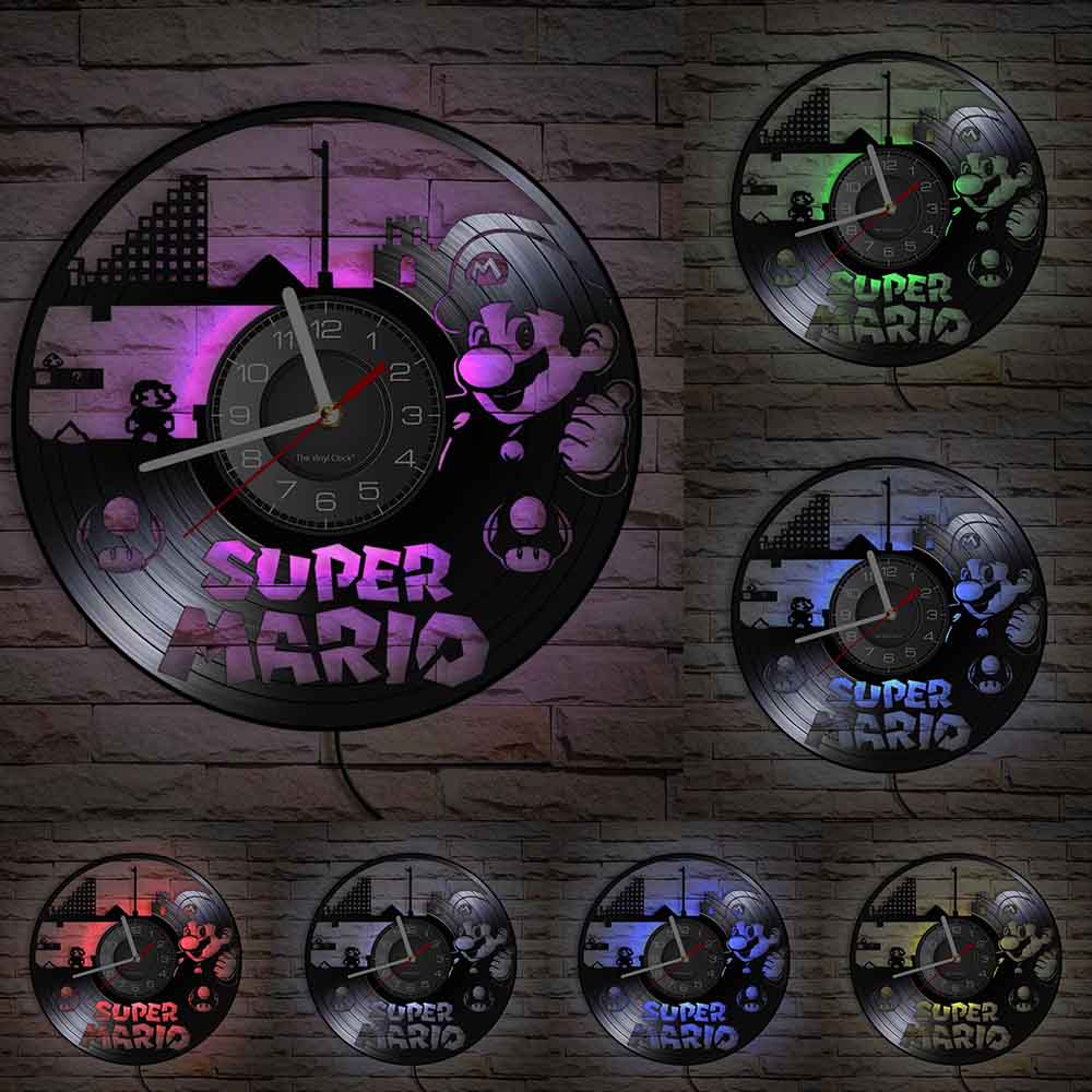 The Super Mario LED Vinyl Record Clock displayed as a functional yet eye-catching feature for the home.