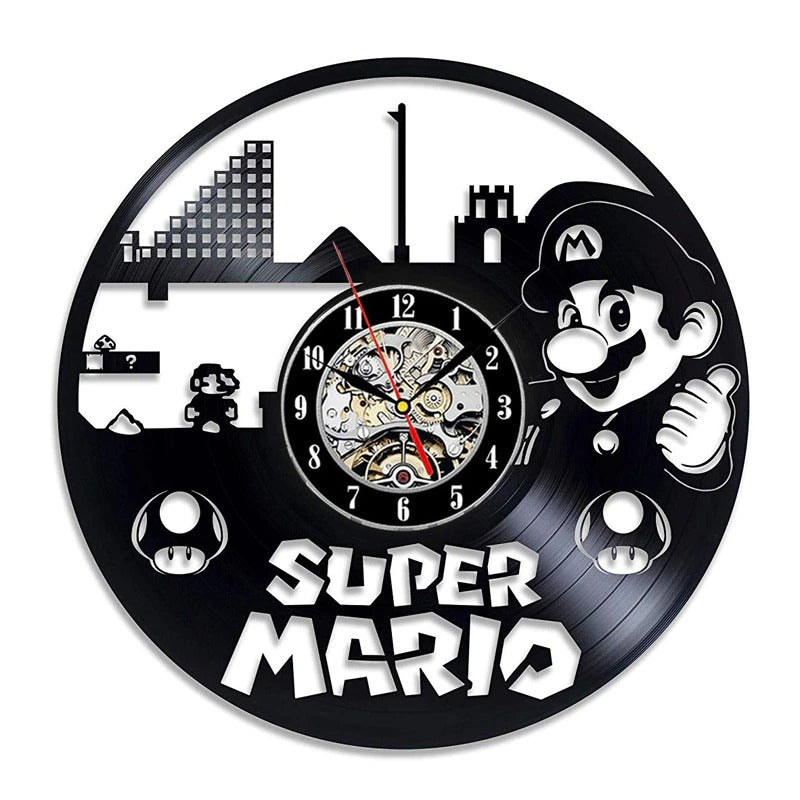 The Super Mario Vinyl Record Clock displayed as a functional yet eye-catching feature for the home.
