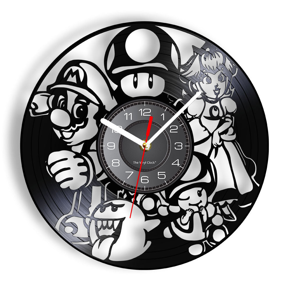 A Team Mario Vinyl Record Clock that brings a distinctive finishing touch to a stylish interior.