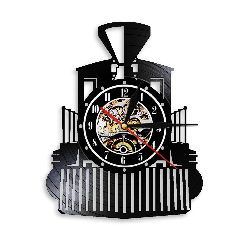 The Train Vinyl Record Clock displayed as a functional yet eye-catching feature for the home.