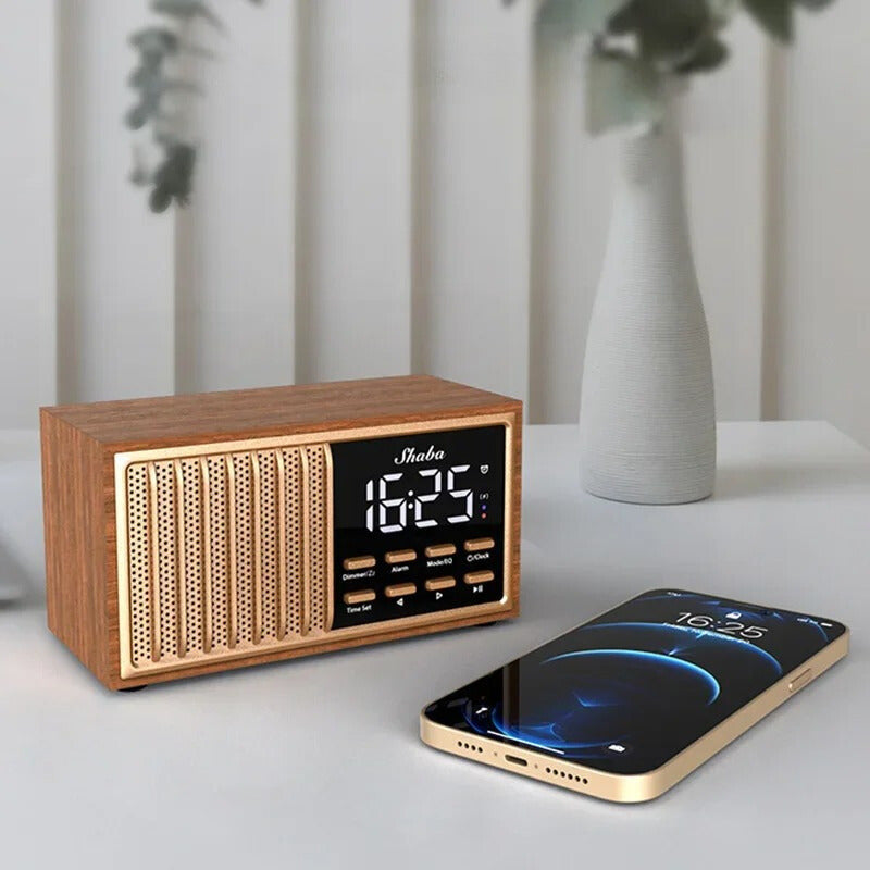 The Bluetooth Wood Radio Alarm Clock, a statement clock that lends personality to a carefully styled interior.