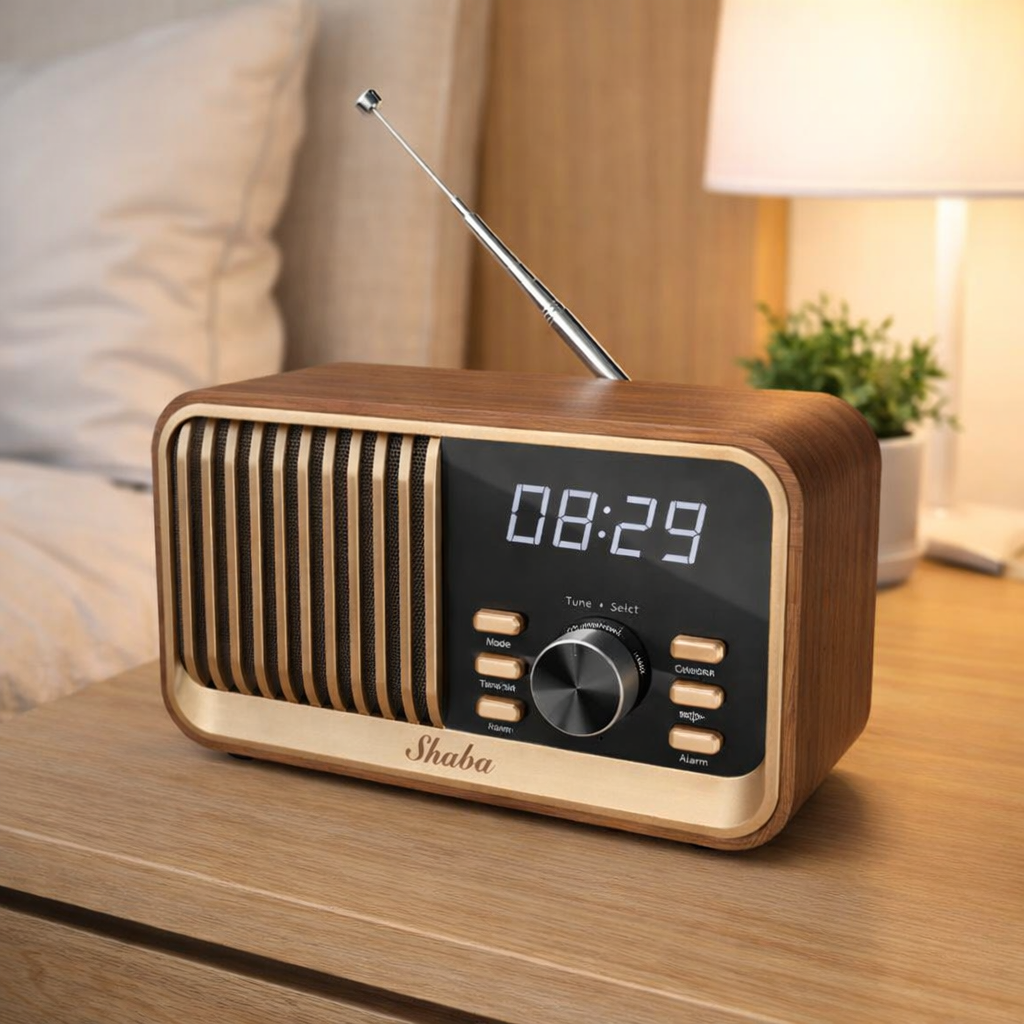 This Wood Vintage Radio Alarm Clock adds a tailored balance of function and visual interest to home decor.